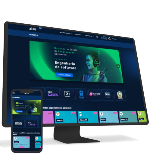 Uma tela onde mostra o Alura Plus aberto em um computador ou celular